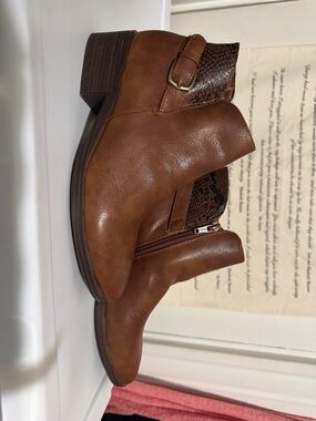 Barbra’s Women's Brown Leather Ankle Booties with Snake-Print Accent